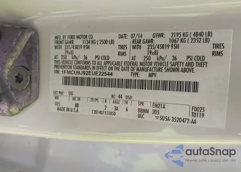 2014 Ford Escape Titanium z USA, uszkodzony, nr VIN 1FMCU9J92EUE22544